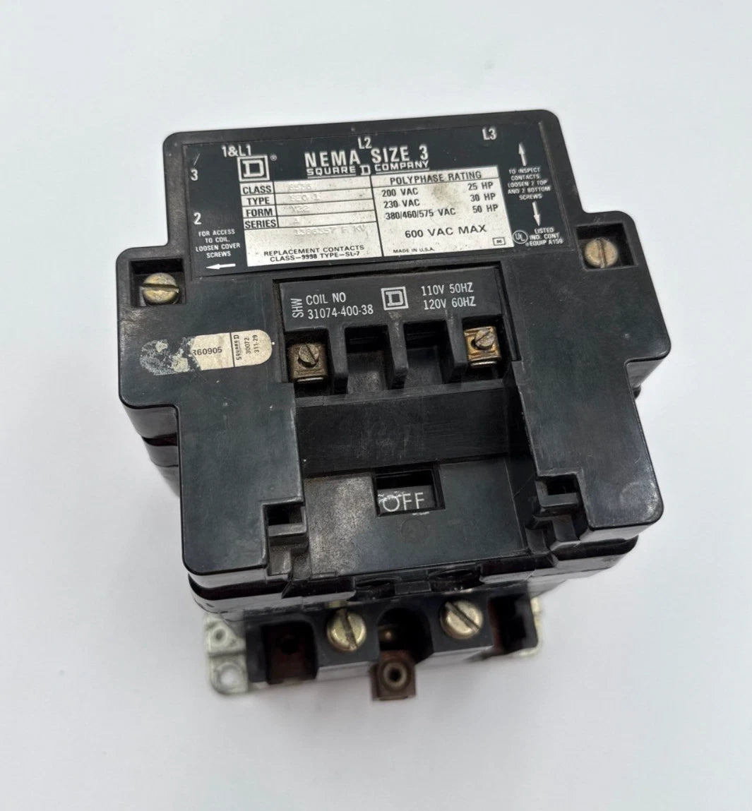 Sq D 8536SEO1S Y22 Contactor 90A 3P 600V NEMA Size 3 Coil 110/120V 31074-400-38 Used