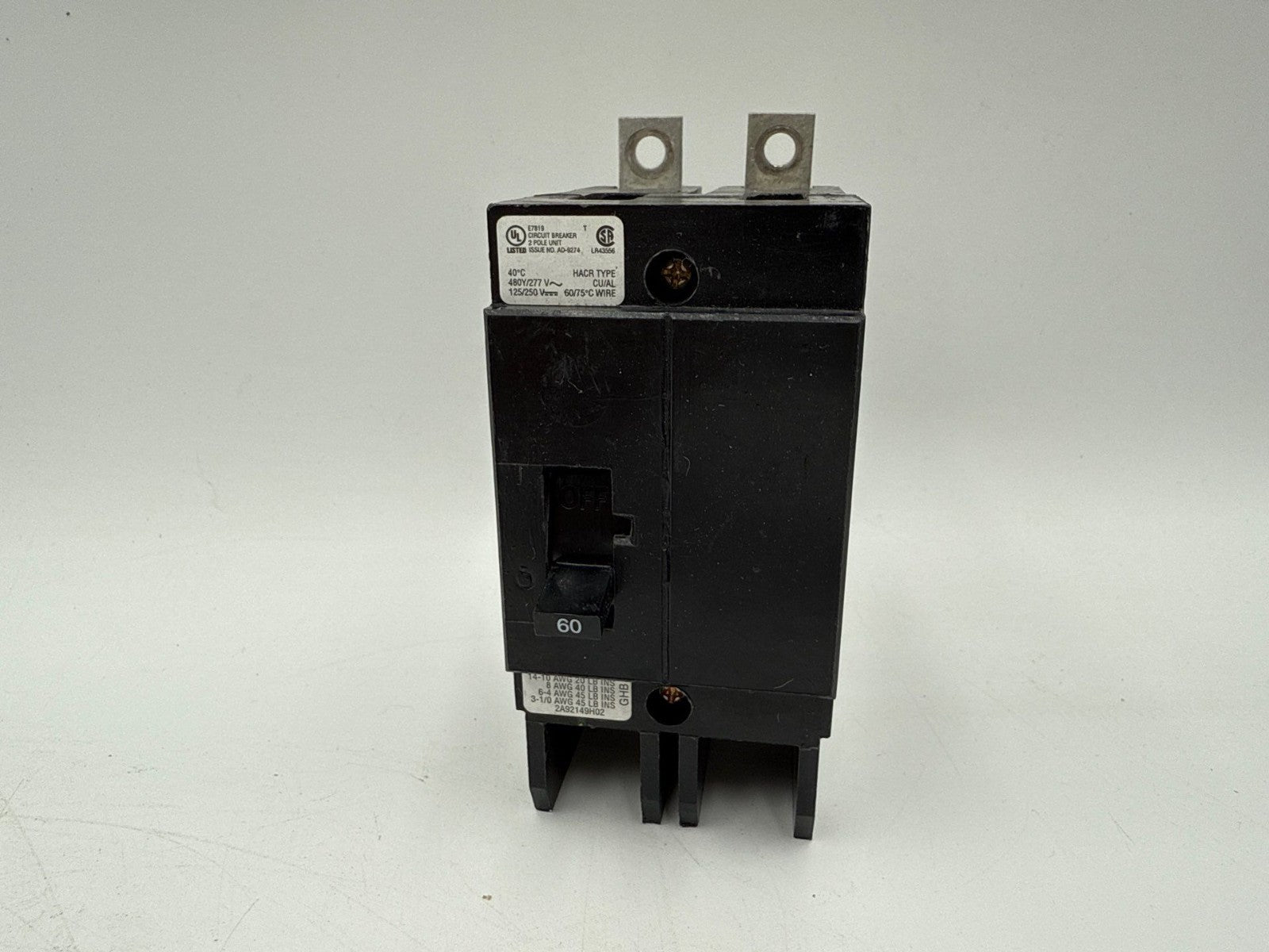 Eaton GHB2060 Bolt On Circuit Breaker 60A 277/480V 2P GHB 60 Amp 2 Pole Cutler Used
