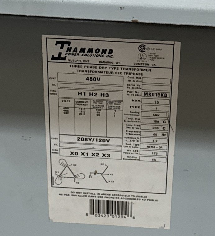 15 KVA Hammond MK015KB Transformer Pri 480V Sec 208/120V 3PH 3R Encl Used