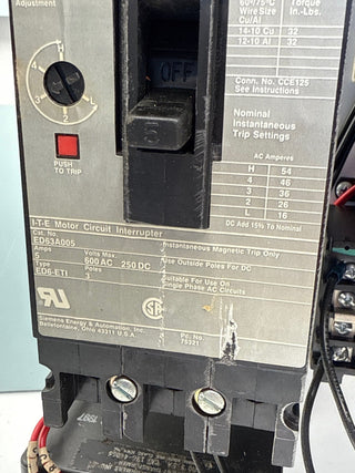 Siemens Model 95+ 18" 5A Combo MCC Bucket Size 1 14DP32A71 Starter ED63A005 Used