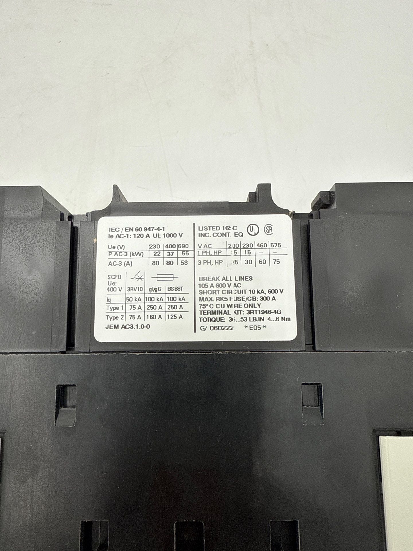 Siemens 3RT1045-1AK60 Contactor Size S3 80A 3P 600V Coil 110/120V New