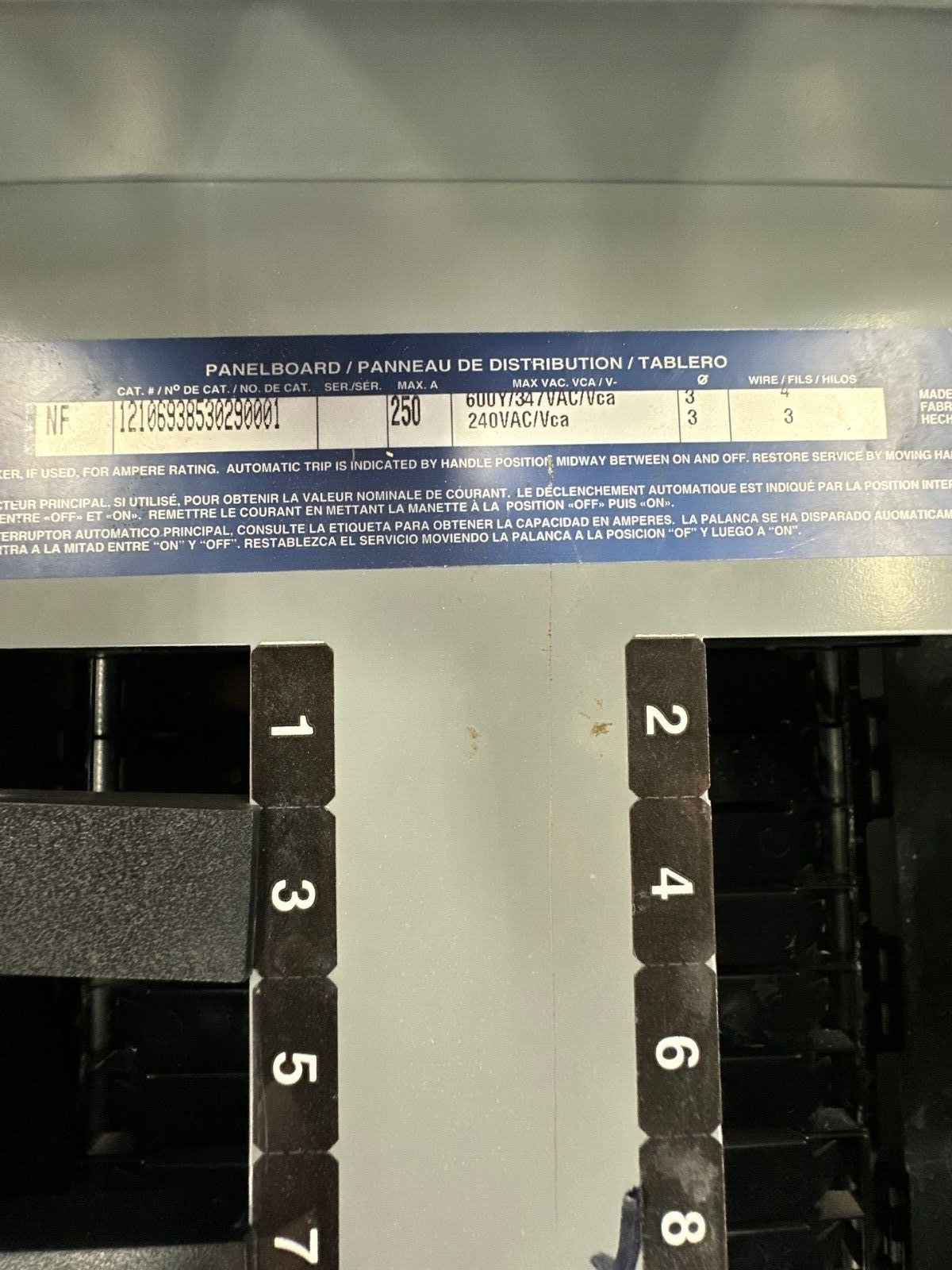 Square D NF Panelboard 250A 600V 3PH 4W MLO 42 Cir Main Lug Panel Indoor NEMA 1 P360 Used
