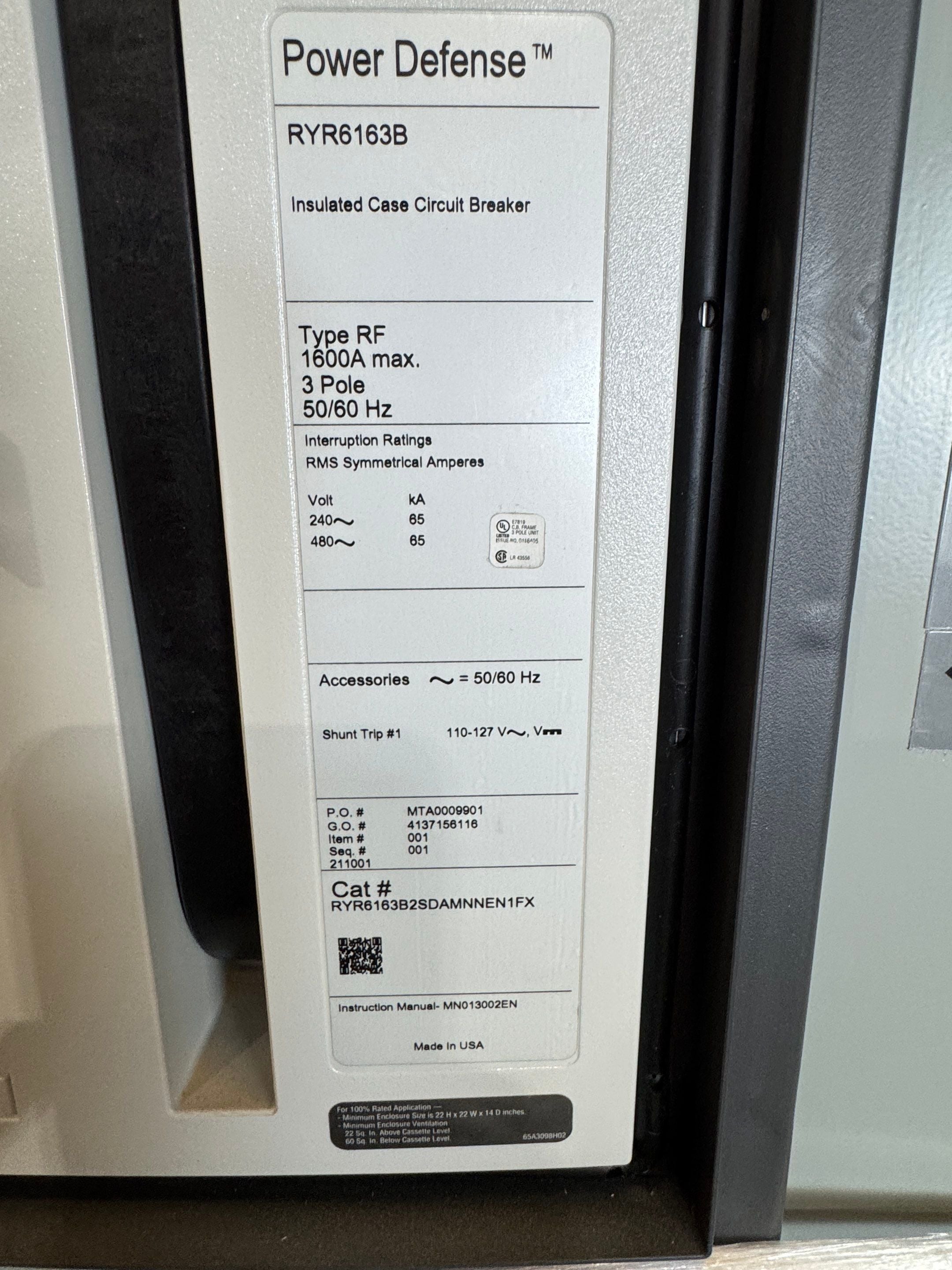 Eaton RYR6163B Circuit Breaker 1600A 3P 600V LSIG Maintenance Mode Trip PXR25 New