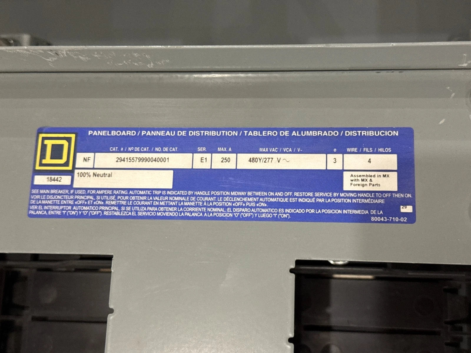 Square D NF Panelboard 250A 480/277V 3PH 4W MLO Panel 250 Amp 54 Cir 3R Encl New