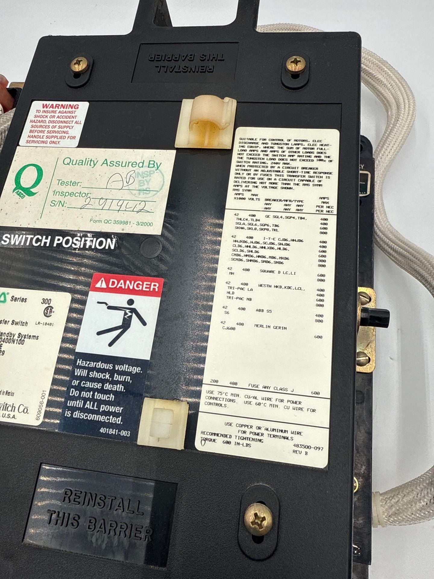 ASCO Series 300 Automatic Transfer Switch 400A 480V 50-60Hz E00300030400N100 Used