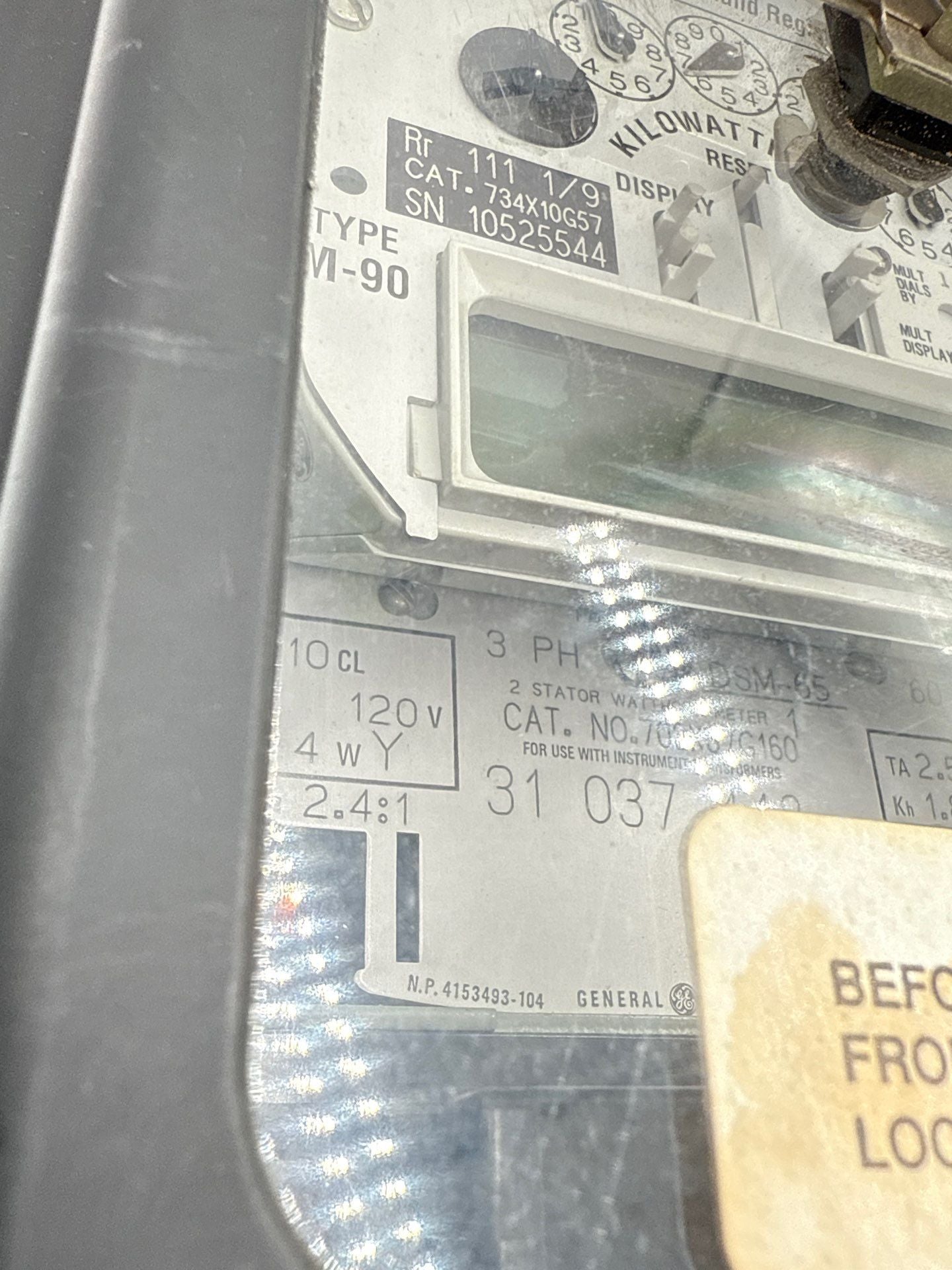 GE 703X67G160 2 Stator Watthour Meter 120V 60Hz DSM-65 Relay M-90 Kilowatthour Used