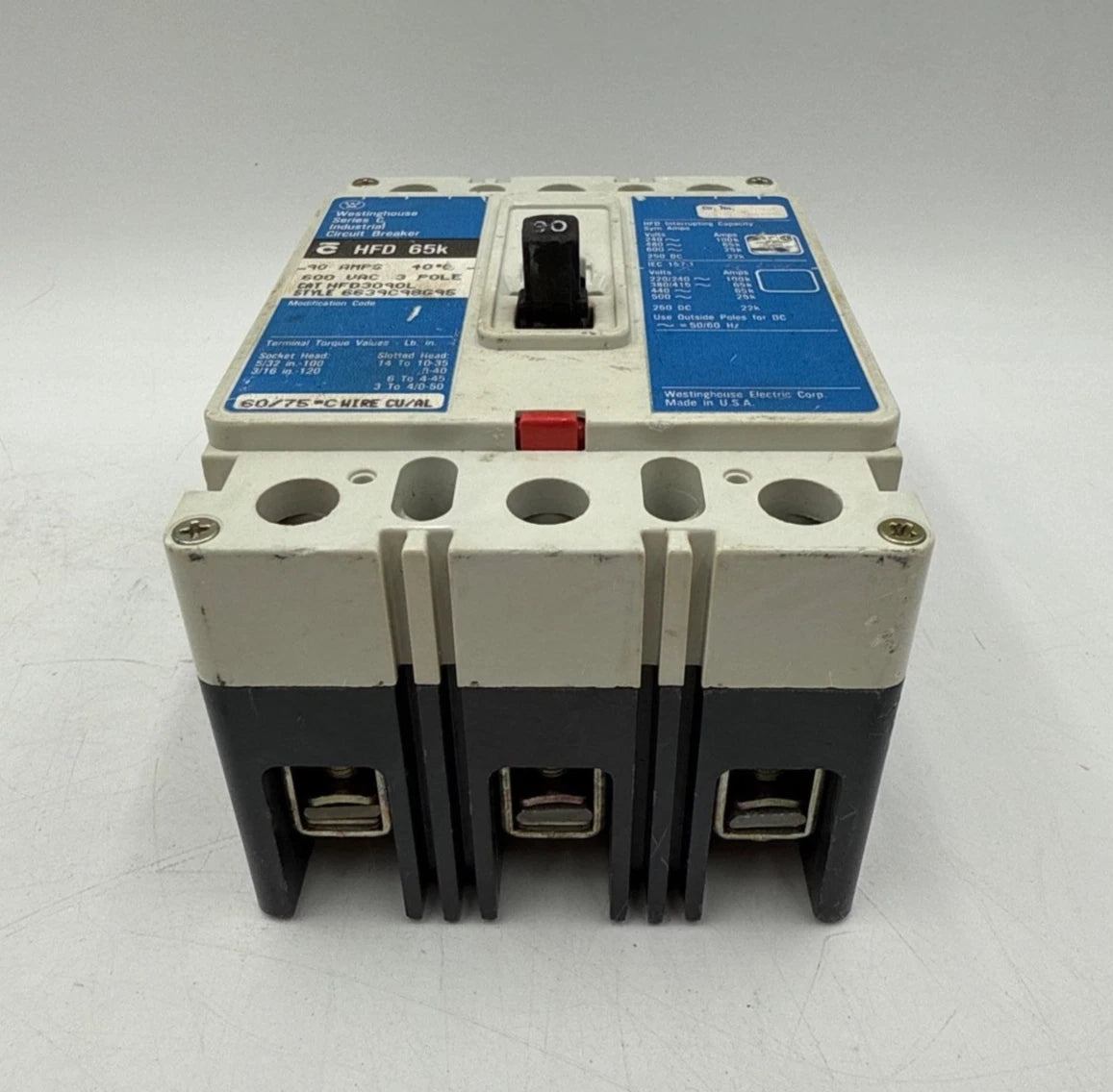 Westinghouse HFD3090L Circuit Breaker 90A 600V 3P HFD 65k 90 Amp 3 Pole Used