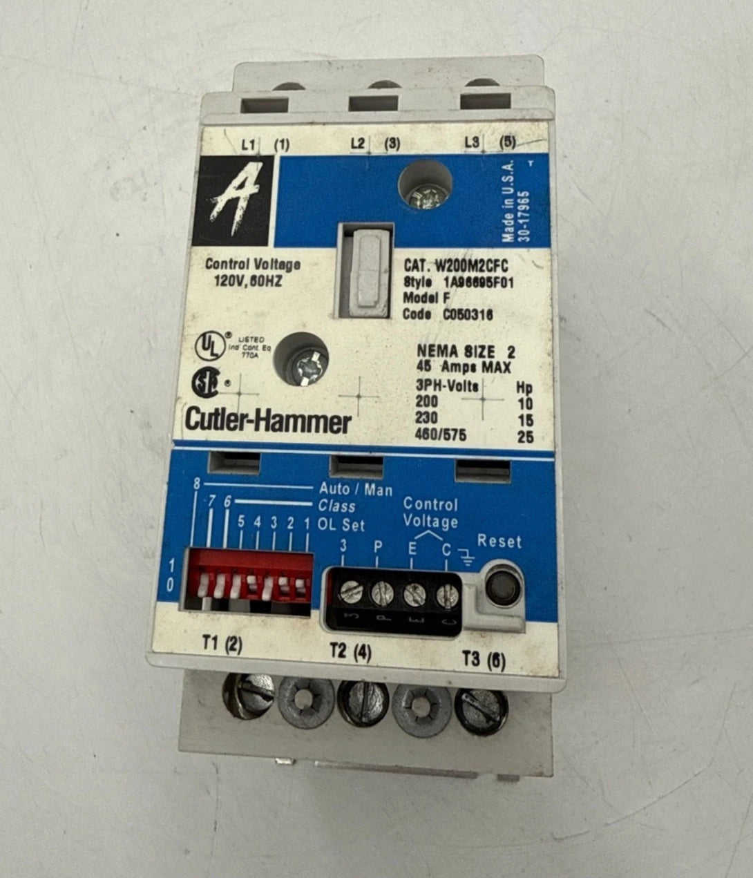 Cutler Hammer W200M2CFC Motor Starter NEMA Size 2 Control 120V 45A 3P 600V 3PH Used