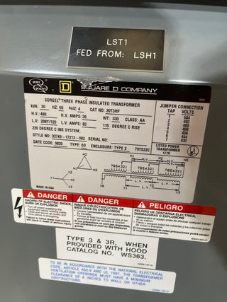 30kVA Square D 30T3HF Sorgel Transformer 3PH Pri 480V Sec 208/120V ST102