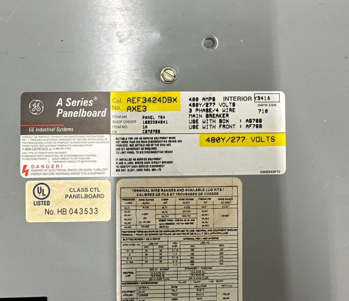 GE AEF3424DBX Panelboard 400A 480Y/277V 3PH 4W 42 Cir Indoor Encl MCB 400 Amp P311 Used