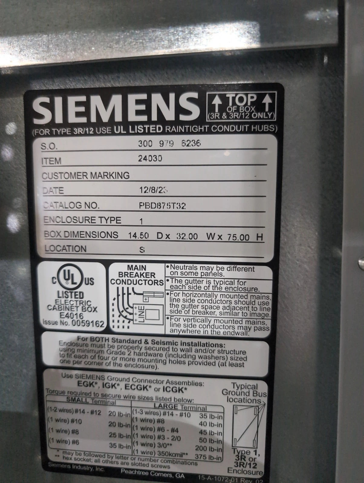 Siemens P5 Panelboard P5E75ML800ATS 800A 480/277V 3PH 4W 800 Amp MLO Panel New New