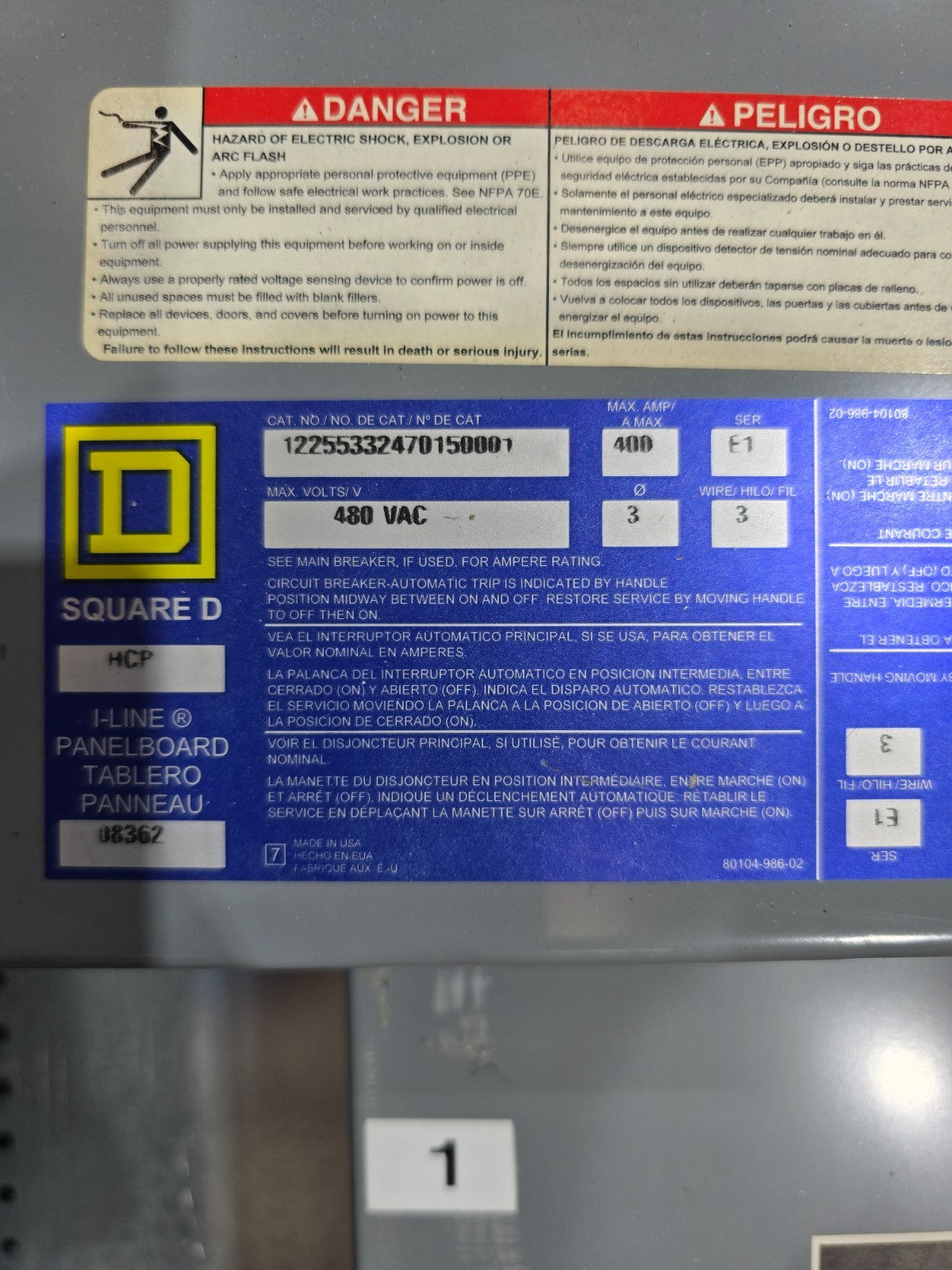 Sq D HCP I-Line Panel 400A 480V 3PH 3W MCB 400 Amp Panelboard LI36400 3R Encl Used