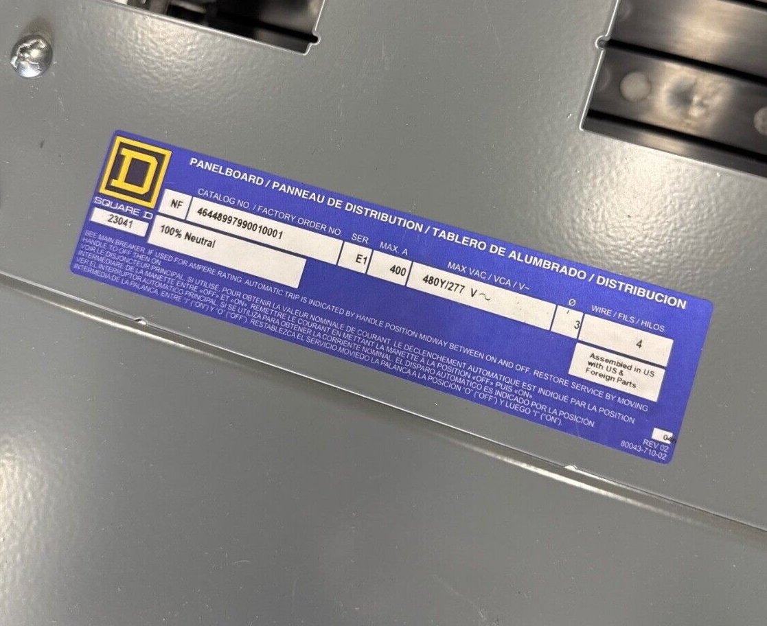 Square D NF Panelboard 400A 480Y/277V 3PH 4W 42 Cir Indoor Encl MLO HDL36150U33X P639 New