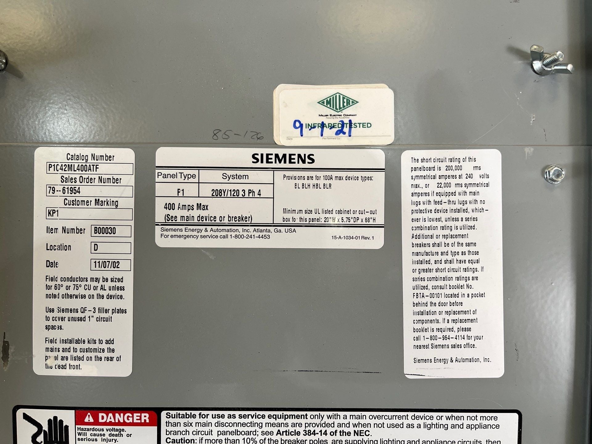 Siemens P1C42ML400ATF P1 Panelboard 400A 208/120V 3PH 4W 42 Cir MLO Indoor Encl B68 Box Used
