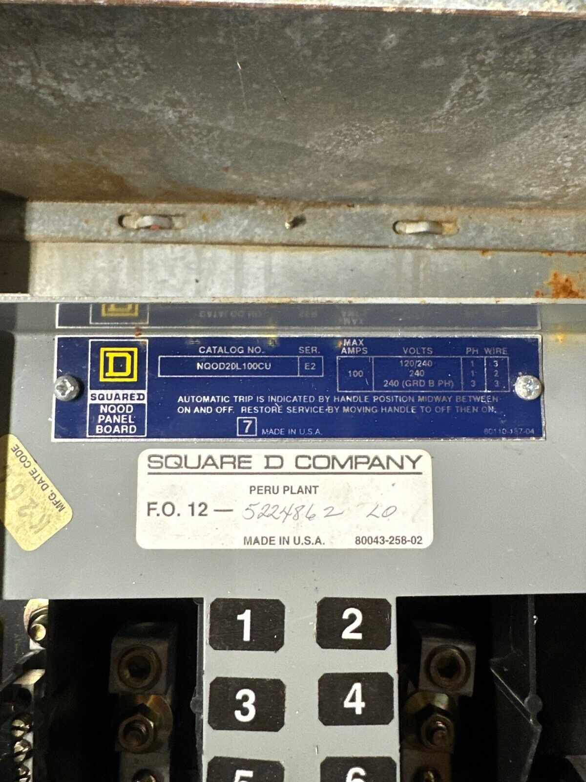 Square D NQOD20L100CU Panelboard 100A 120/240V 3PH 3W MLO Main Lug 20CIR NEMA 1 P309 Used