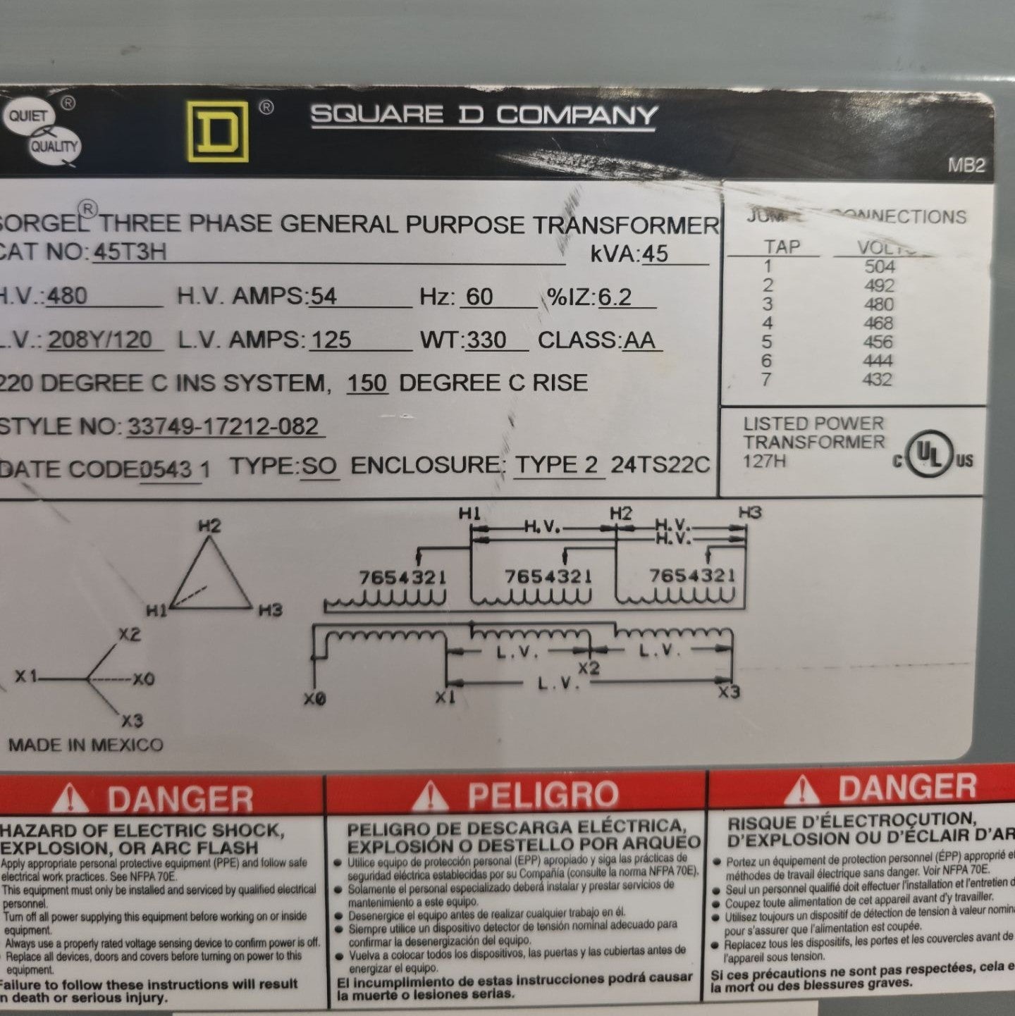 45kVA Square D 45T3H Sorgel Transformer 3PH Pri 480V Sec 208/120V Indoor T266 Used