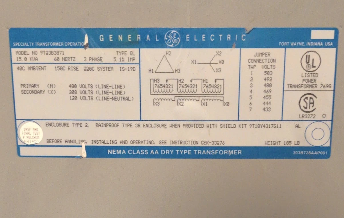 15KVA GE 9T23B3871 Transformer Pri 480V Sec 208/120V 3PH 60Hz Type 2 Encl Indoor Used