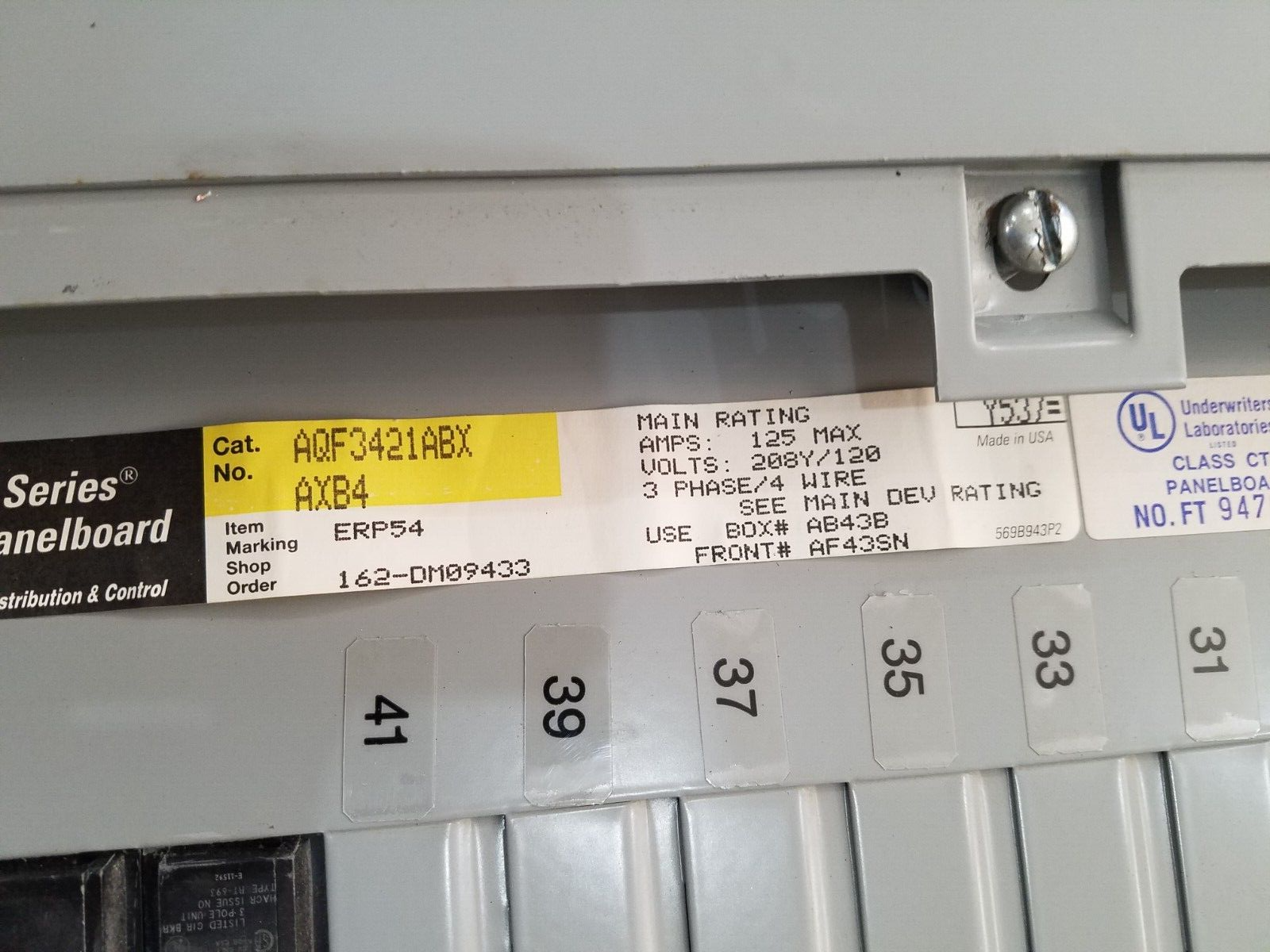 GE AQF3421ABX Panelboard 125A 208Y/120V 3PH 4W 42 Circuit MCB Main THQB32100 P038 P035 Used