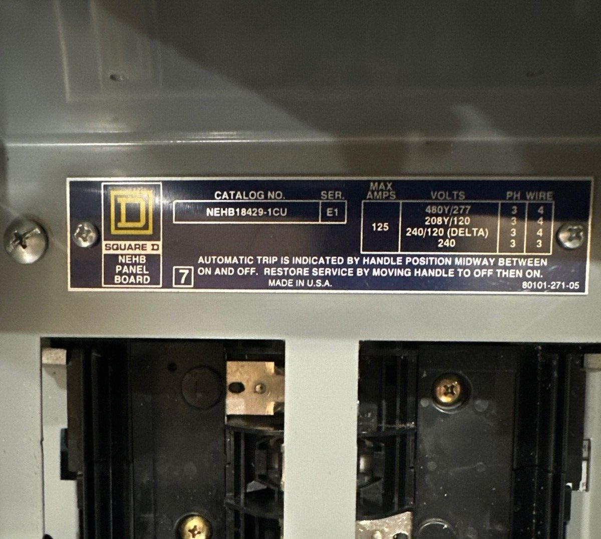 Square D NEHB Panelboard 125A 480Y/277V 3PH 4W Indoor Encl 18 Cir MLO Main Lug P482 Used