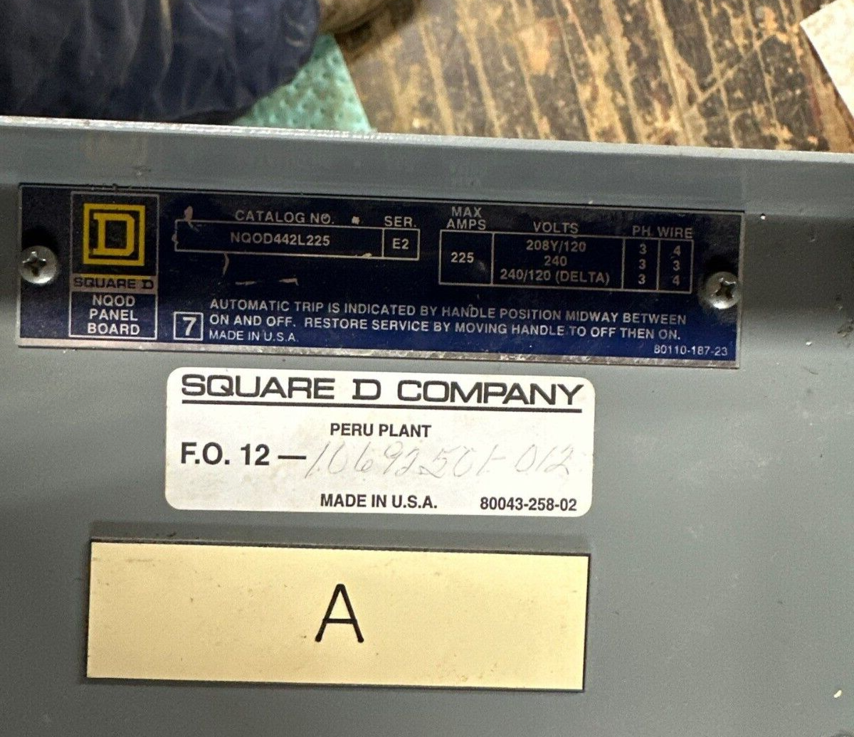SQUARE D NQOD442L225 Panelboard 225A 208Y/120V 3PH 4W Main Lug 42 Circuit MLO P287 Used