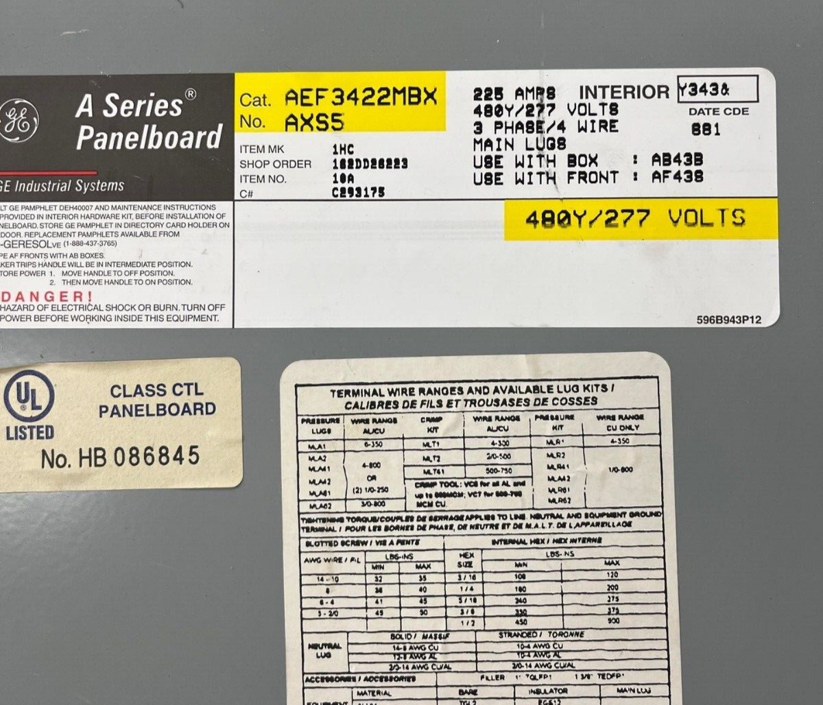 GE AEF3422MBX Panelboard 225A 480/277V 3PH MLO 4W 42 Circuit Indoor Encl AB43B P596 Used