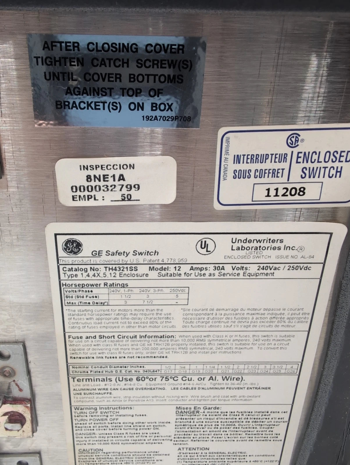 GE TH4321SS Safety Disconnect Switch 30A 3P 240V 3PH 4X Encl 30 Amp 3 Pole New New