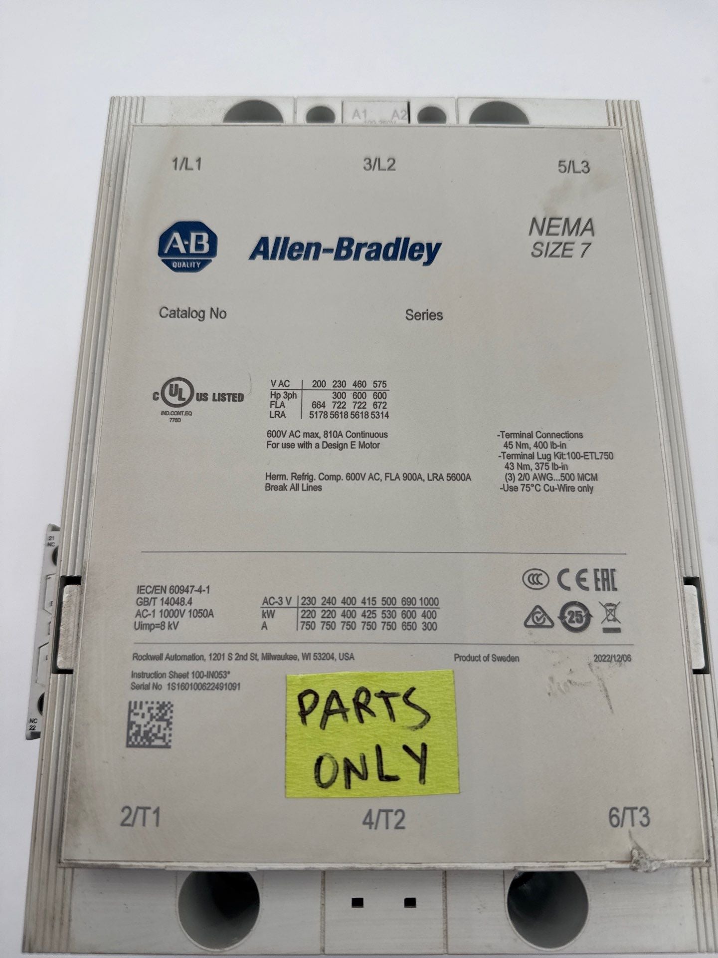 Allen Bradley NEMA Size 7 Contactor 810A 3P 600V Coil 100-250V FOR PARTS ONLY Used