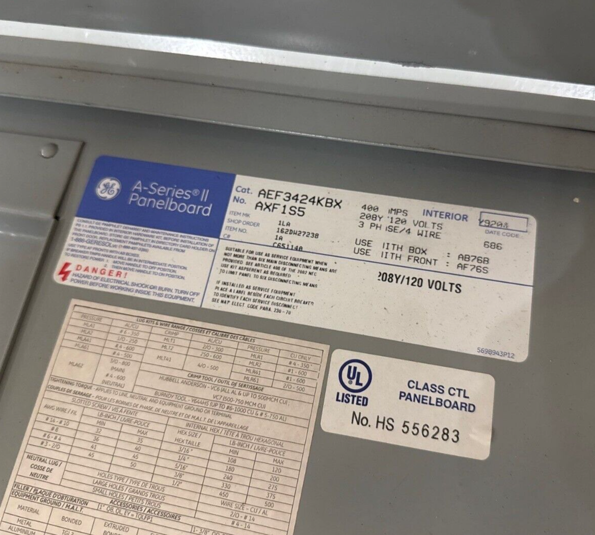 GE AEF3424KBX Panelboard 400A 208/120V 3PH 4W 42Cir Indoor Encl MCB SGHA36AT0400 P240 Used