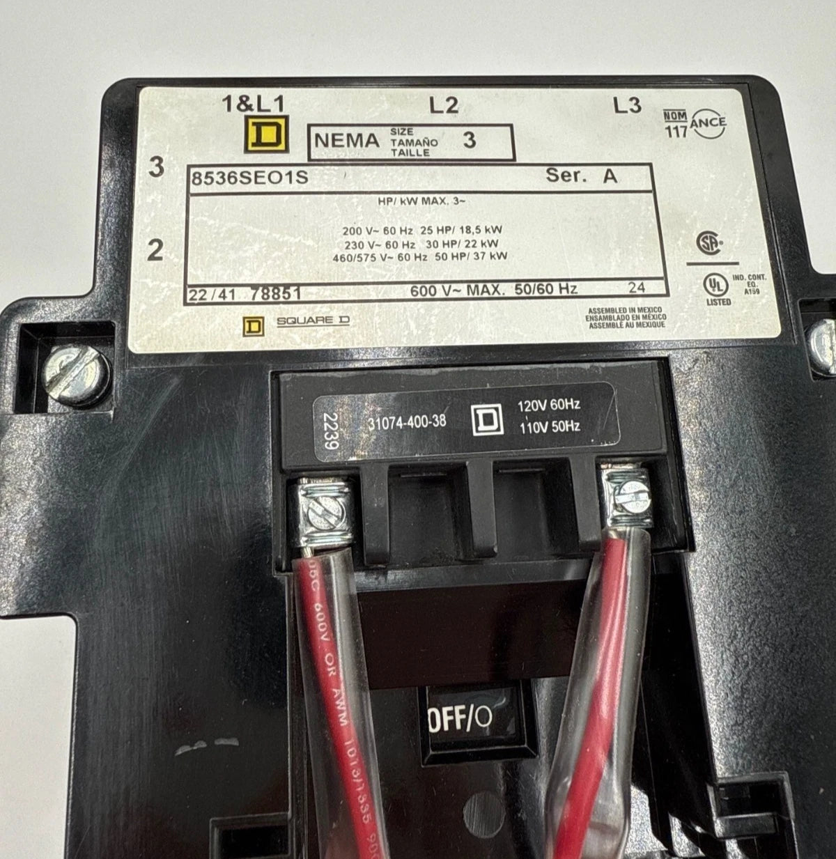 Sq D 8536SEO1S Starter NEMA Size 3 90A 3P 600V 50HP Coil 110/120V Heater CC103 Used