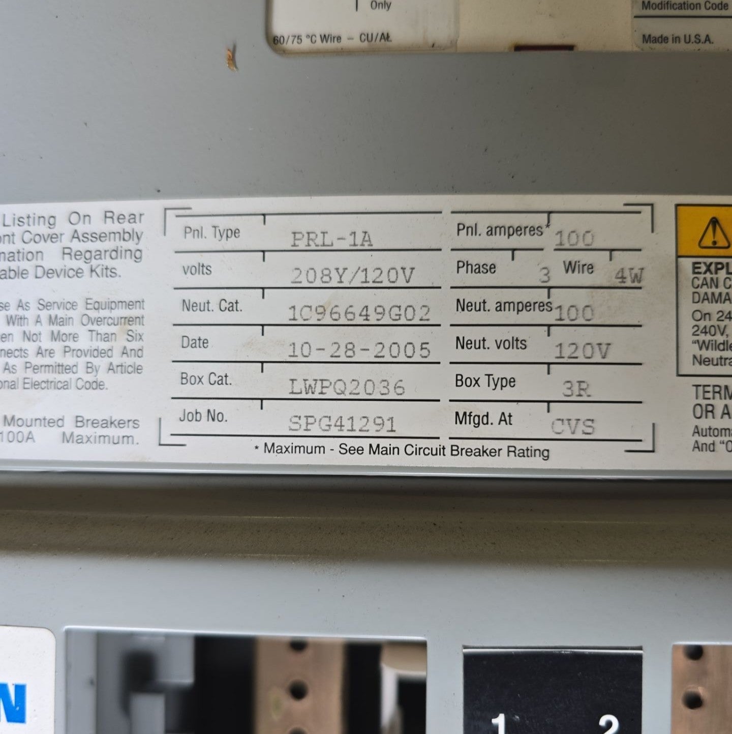 Eaton PRL1A Panelboard 100A 208/120V 3PH 4W 18 Cir 3R Encl MCB Main EHD3100 LWPQ2036 Used