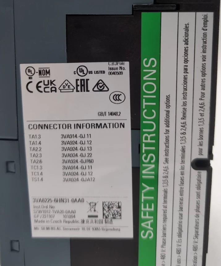 Siemens 3VA6225-6HN31-0AA0 Circuit Breaker 250A 3P 600V 3PH LSI Trip NEW New