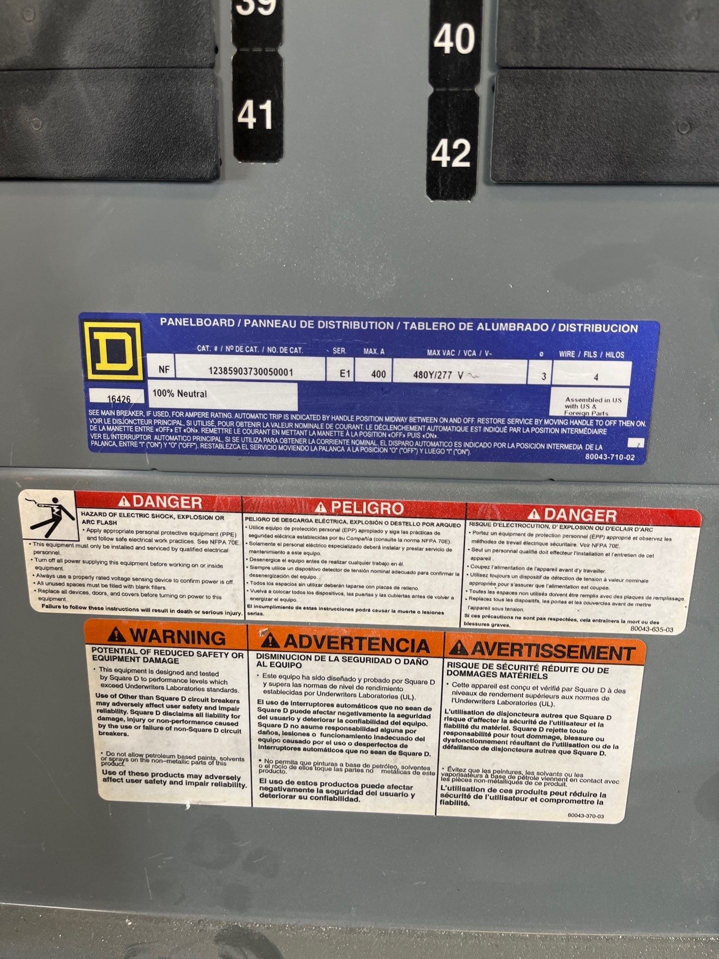 Square D NF Panelboard 400A 480/277V 3PH 4W 42Cir MLO Indoor Encl MH74 Used
