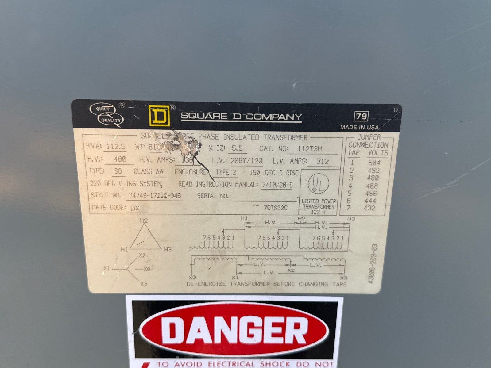 112.5KVA Square D 112T3H Transformer Pri 480V Sec 208/120V 3PH Type 2 Encl Used