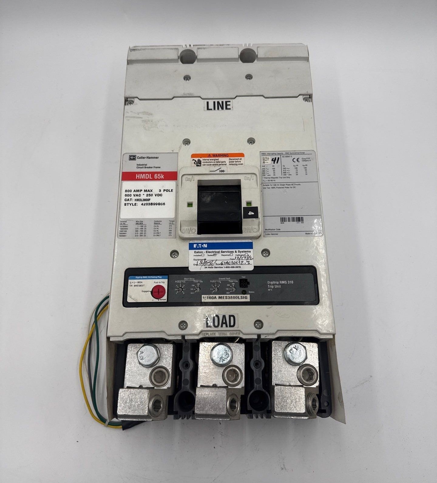 Eaton HMDL3800 Circuit Breaker 800A 3P 600V HMDL 65k 800 Amp 3 Pole LSIG Used