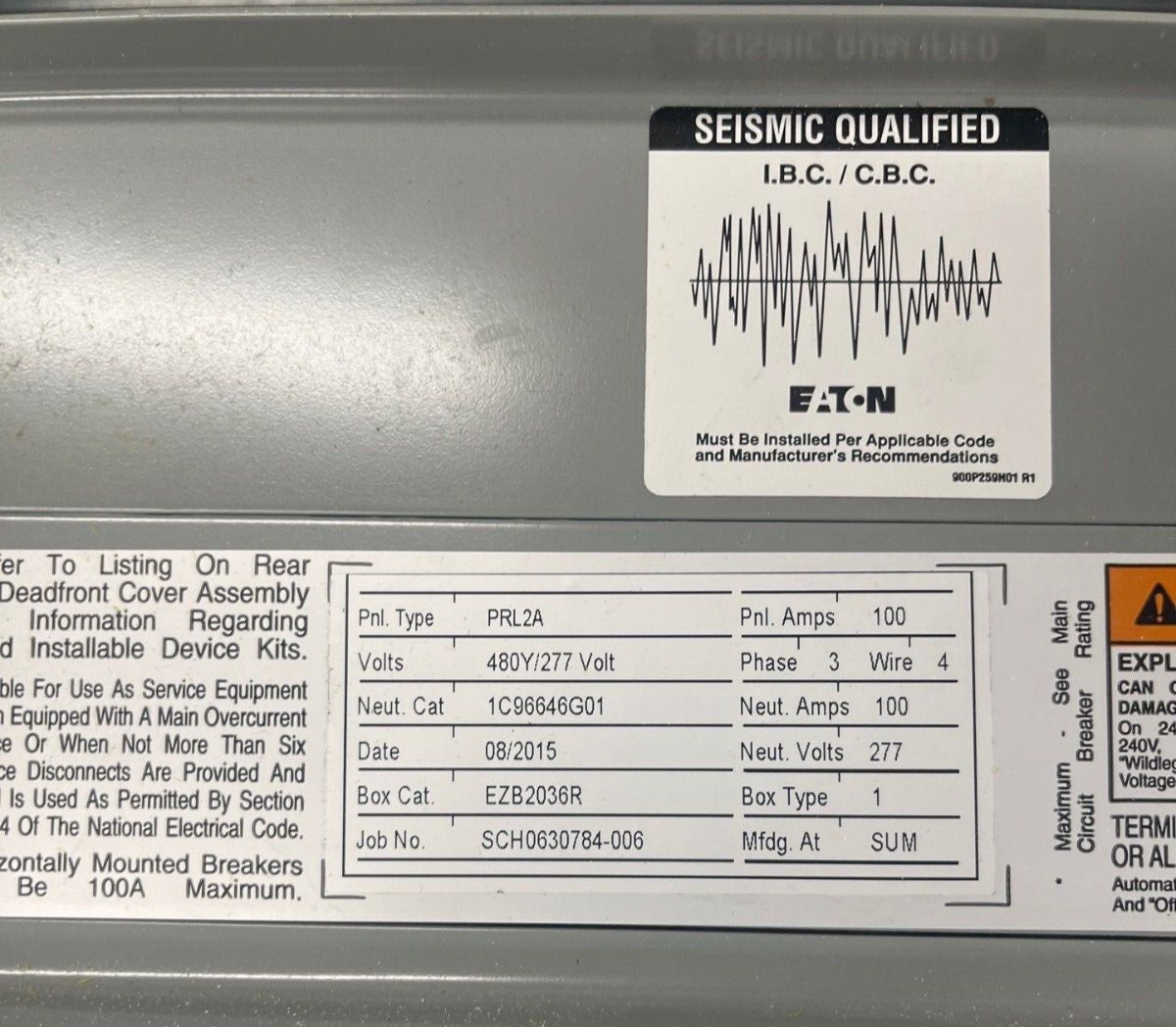 Eaton PRL2A Panelboard 100A 480/277V 3PH 4W Indoor Encl 18 Circuit MLO EZB2036R P576 Used