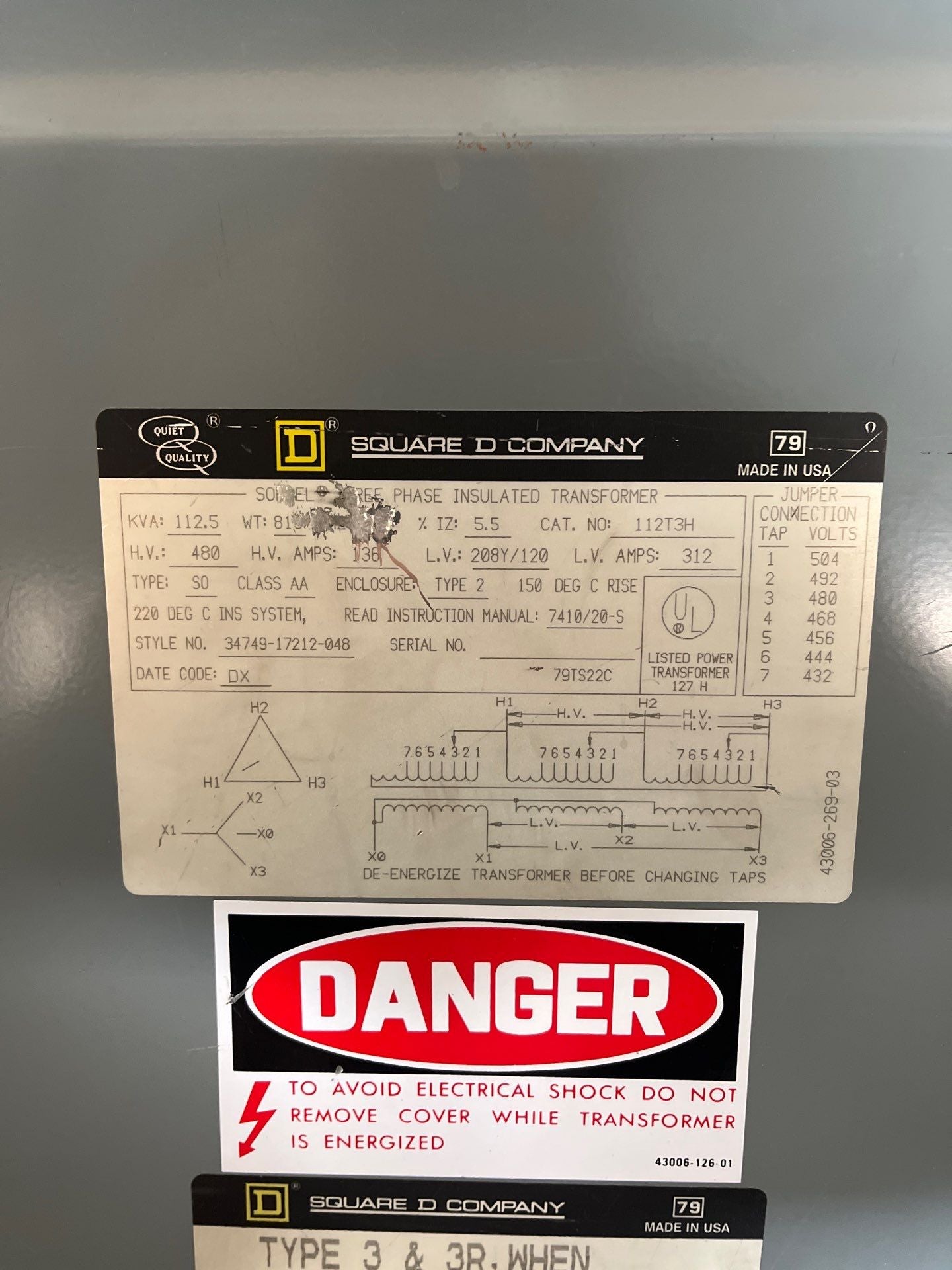 112.5 kVA Square D 112T3H Transformer Pri 480V Sec 208/120V 3PH Indoor Used