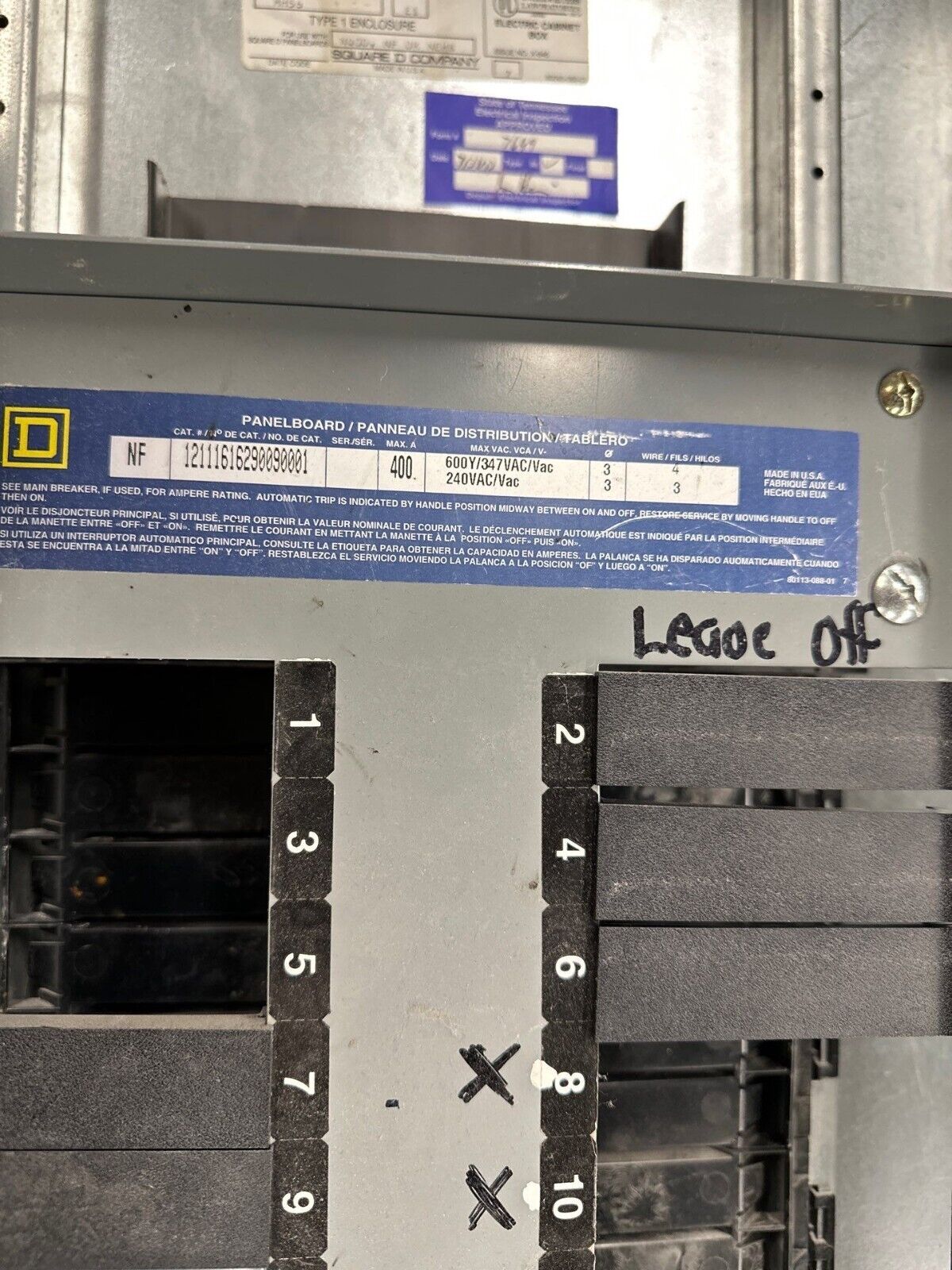 Square D NF Panelboard 400A 600Y/347V 3PH 4W MLO 42 Cir Main Lug Indoor Encl P373 Used