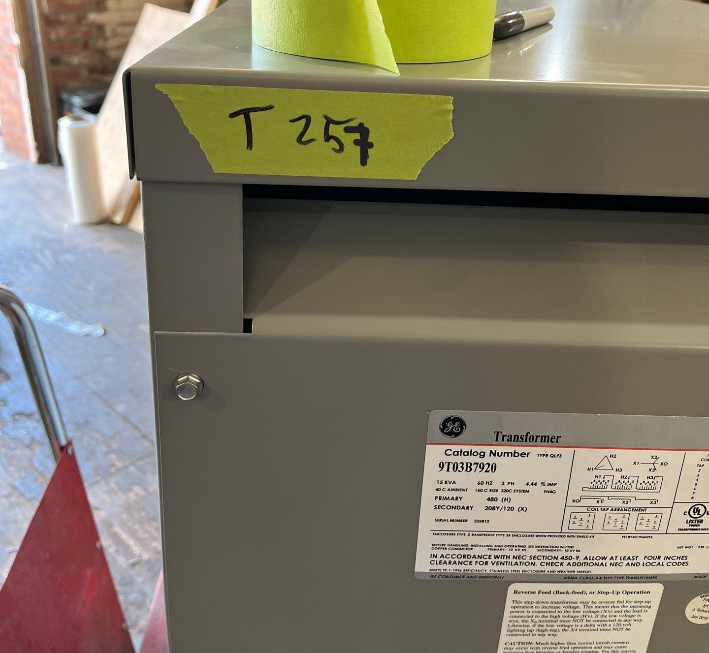 15kVA GE 9T03B7920 Transformer Pri 480V Sec 208Y/120V 3PH Indoor QLF3 Used