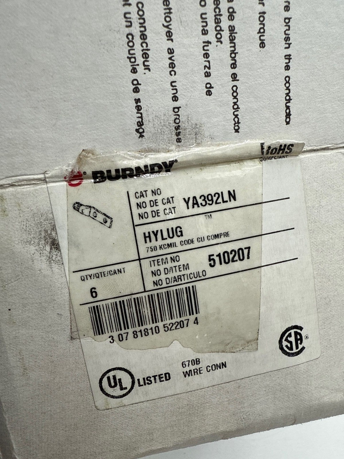 6PC Burndy YA392LN Compression Lug 750kcmil Hylug Black Die 24 YA39-2LN New