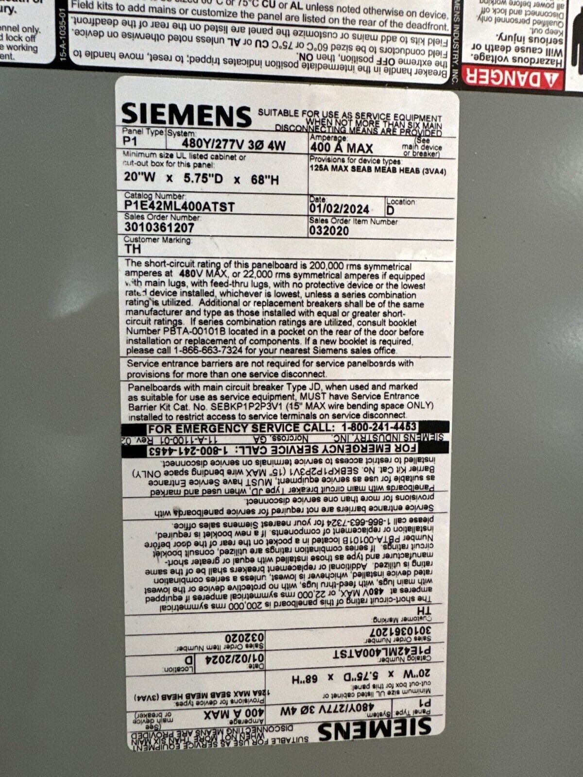 Siemens P1E42ML400ATST P1 Panelboard 400A 480/277V 3PH 4W 42 Cir Indoor Encl MLO P518 Used