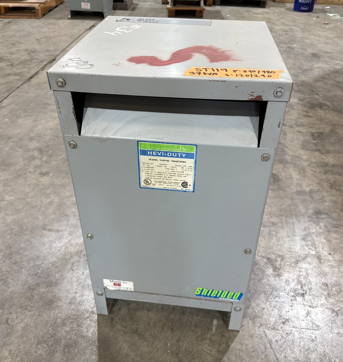 37 KVA Hevi-Duty S5HB37 Transformer Pri 240/480V Sec 120/240V 1PH Indoor Encl Used