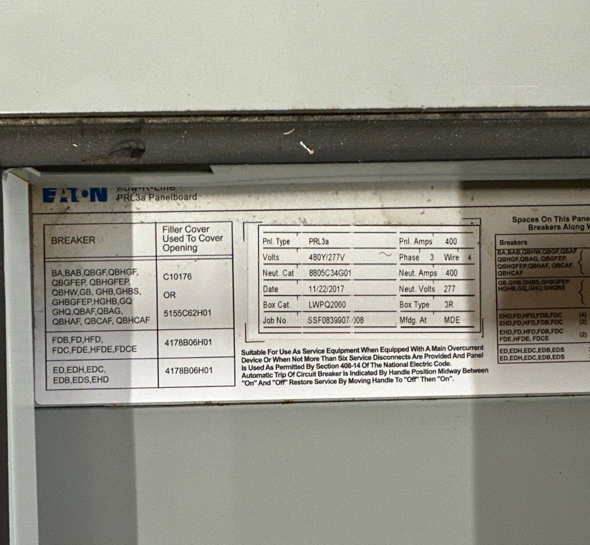 Eaton PRL3A Panelboard 400A 480Y/277V 3PH 4W Main Lug 3R Outdoor Encl MLO 18 Cir P282 Used