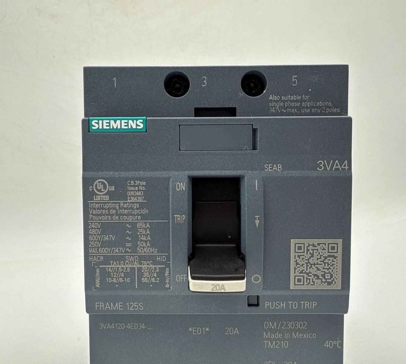 Siemens 3VA4120-4ED34-0AA0 Circuit Breaker 20A 3P 600V 3VA41 20 Amp 3 Pole New