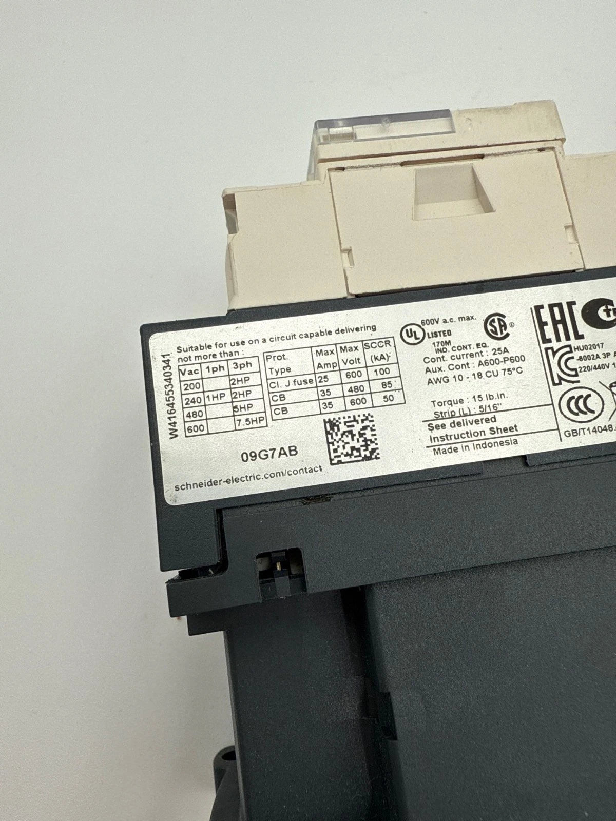 Schneider Electric LC1D09 Contactor 25A 3P 600V 3PH 7.5HP Coil 120V LC1D09G7 Used