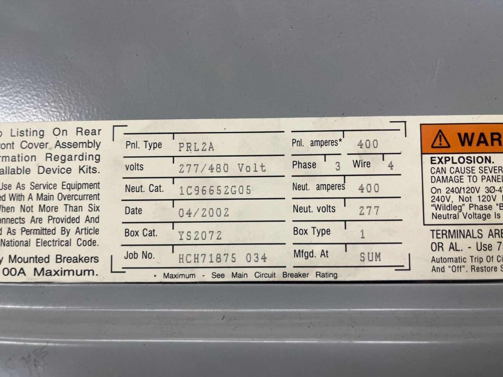 Cutler Hammer PRL2A Panelboard 400A 277/480V 3PH 4W 42Cir Indoor Encl MLO FD3225 P575 Used