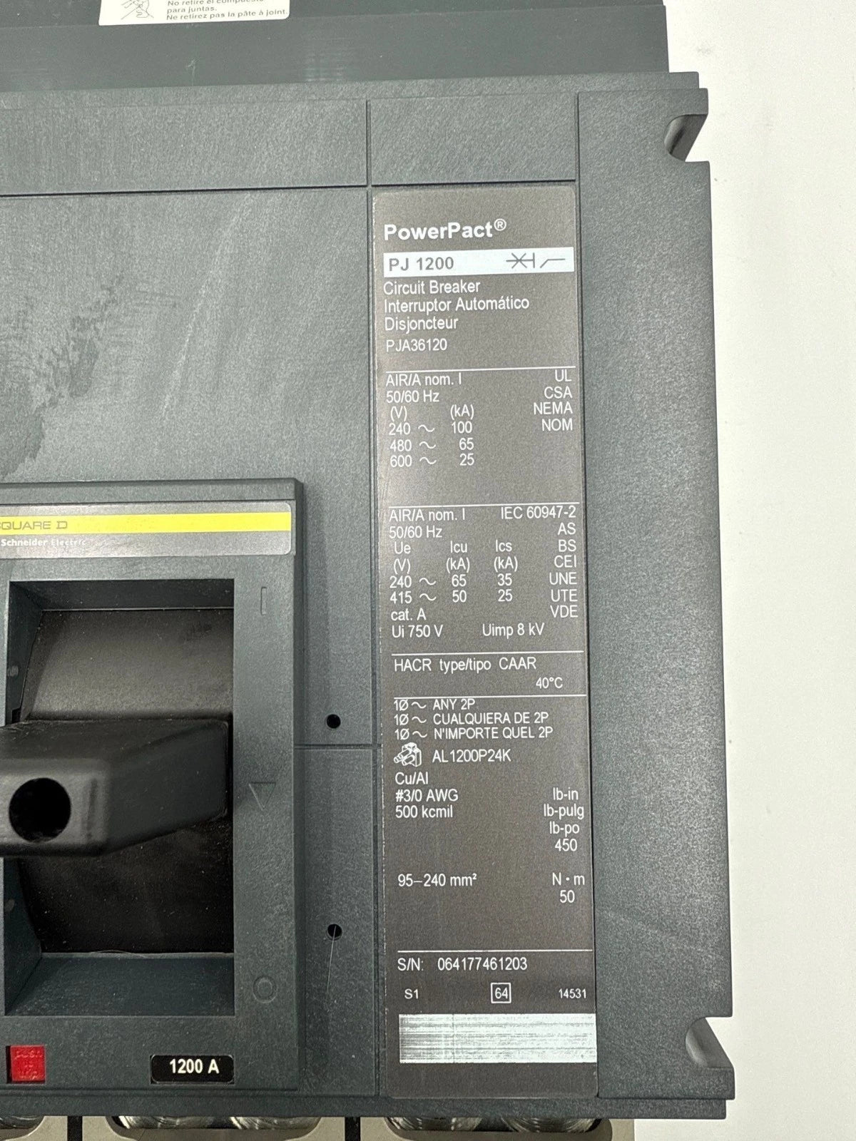 Sq D PJA36120 I‑Line Circuit Breaker 1200A 3P 600V PJA 1200 Amp PowerPact New New