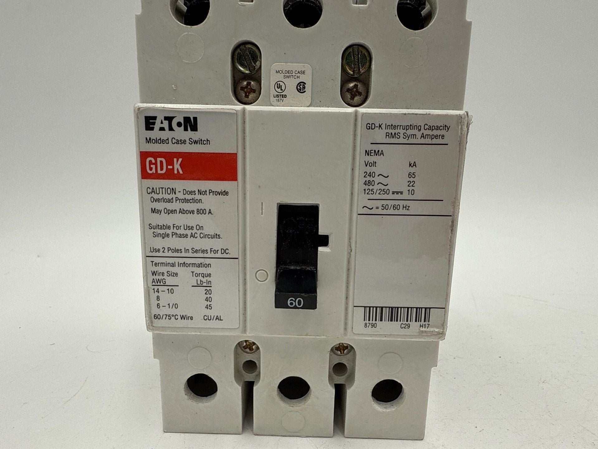 Eaton GD3060K Circuit Breaker 60A 3P 480V 2kkA GD-K 60 Amp 3 Pole 3PH GD3060 New