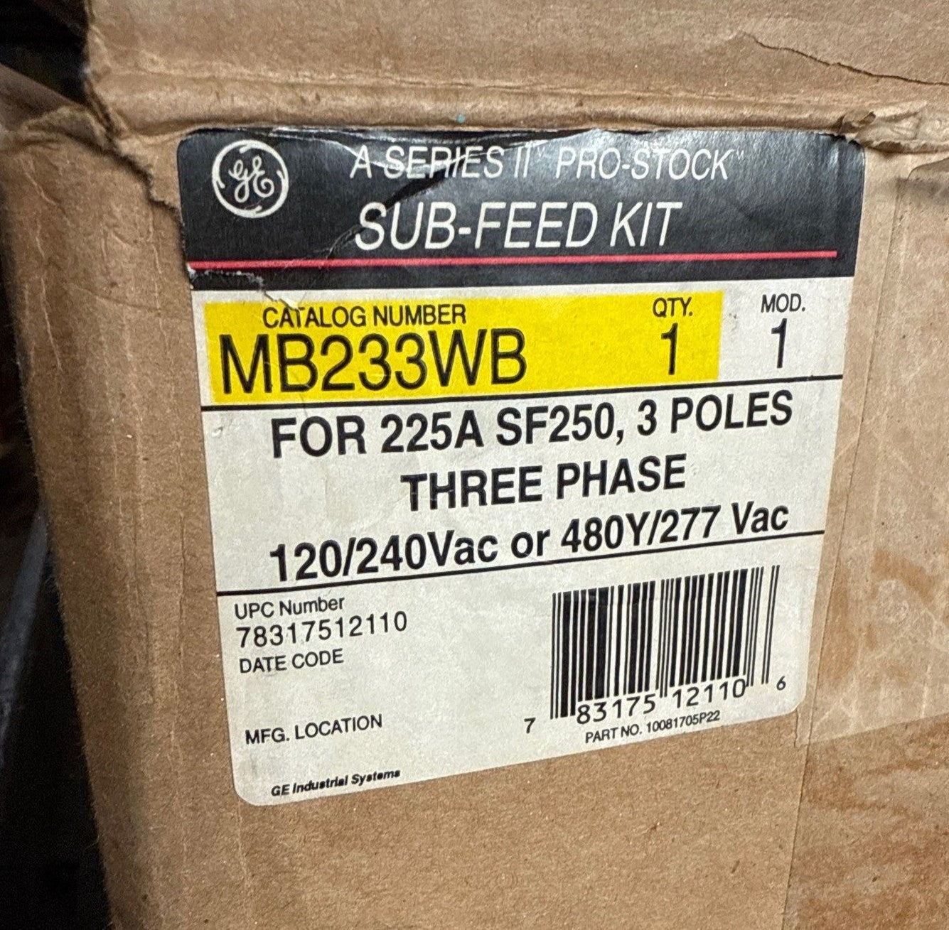 GE MB233WB Sub Feed Kit SF250 225A 3P with SFHA Breaker 225 Amp New