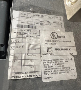Square D Model 6 600A 300A MCC Motor Control Center 1x Section 480V 600/300 Amp Used