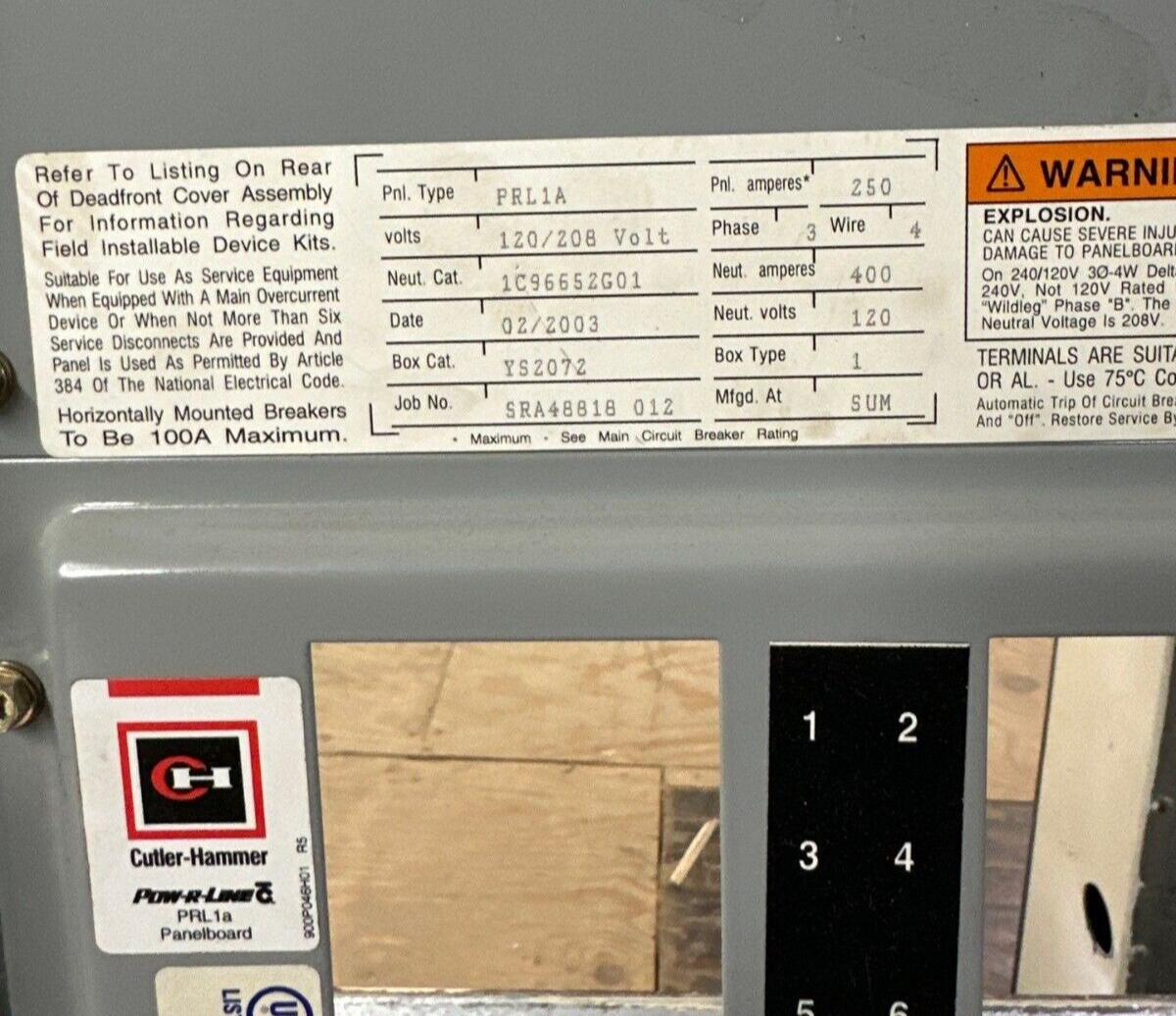 Cutler Hammer PRL1A Panelboard 250A 120/208V 3PH 4W 42Cir Indoor Encl MCB JD3250 P126 Used